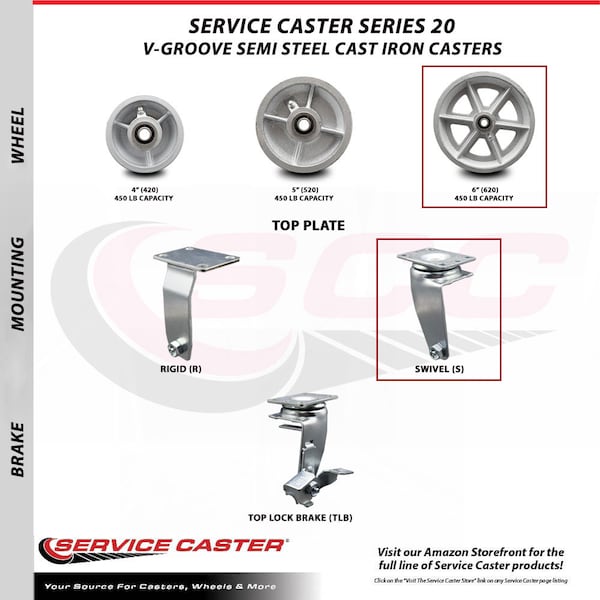 6 Inch V-Groove Semi Steel Swivel Caster Set with Ball Bearings 2 Brakes SCC